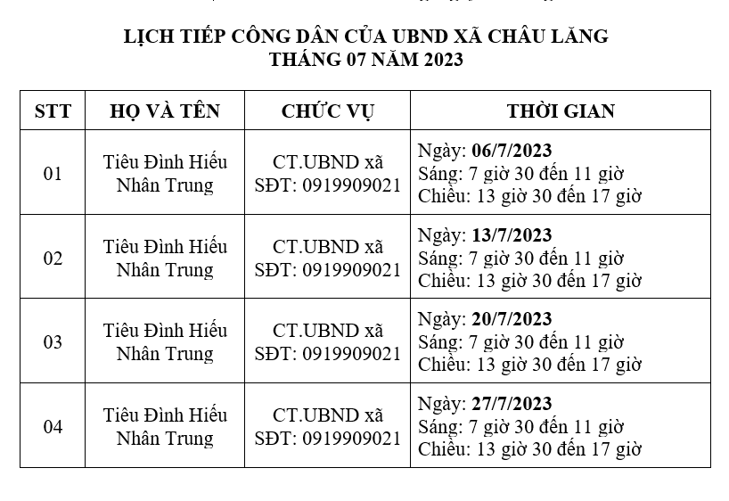 Lịch tiếp CD tháng 7